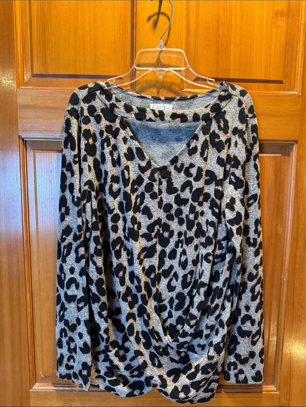 Maurice’s Leopard Print V-Neck Front Twist Draped Long Sleeve Top - Black & Gray